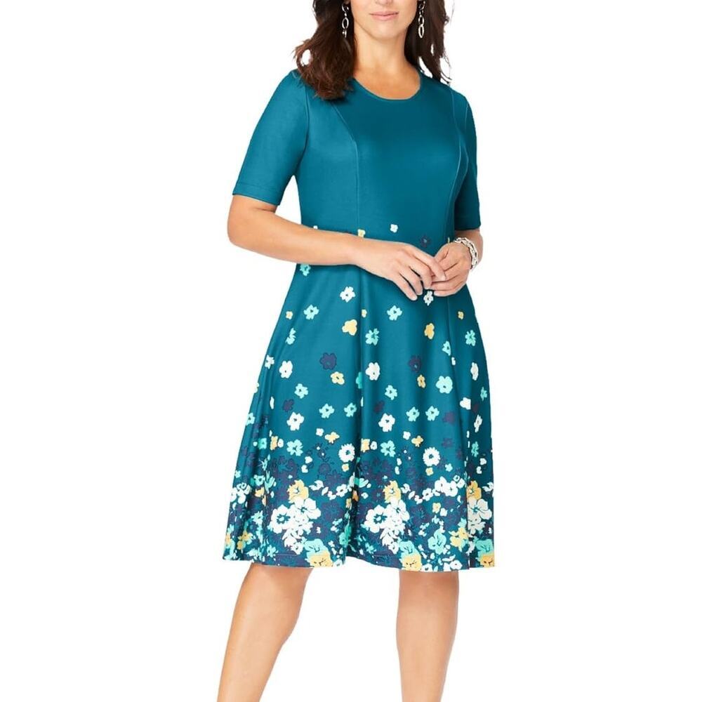 Jessica London Plus Size Stretch Knit Flare 3/4 Sleeve Floral Dress 24W NWOT